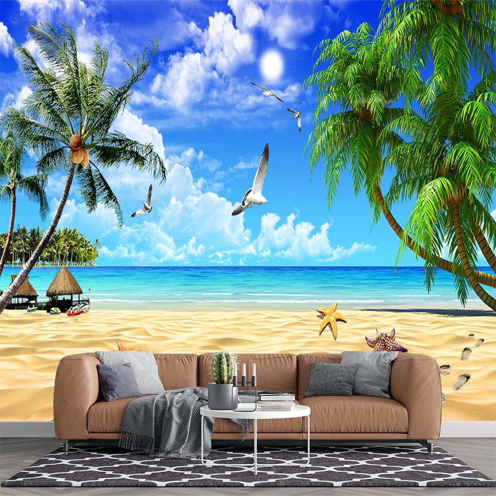 Обои Оушен Бич Голубое небо Кокосовая пальма 3d Фреска Спальня Гостиная Морские обои Декор