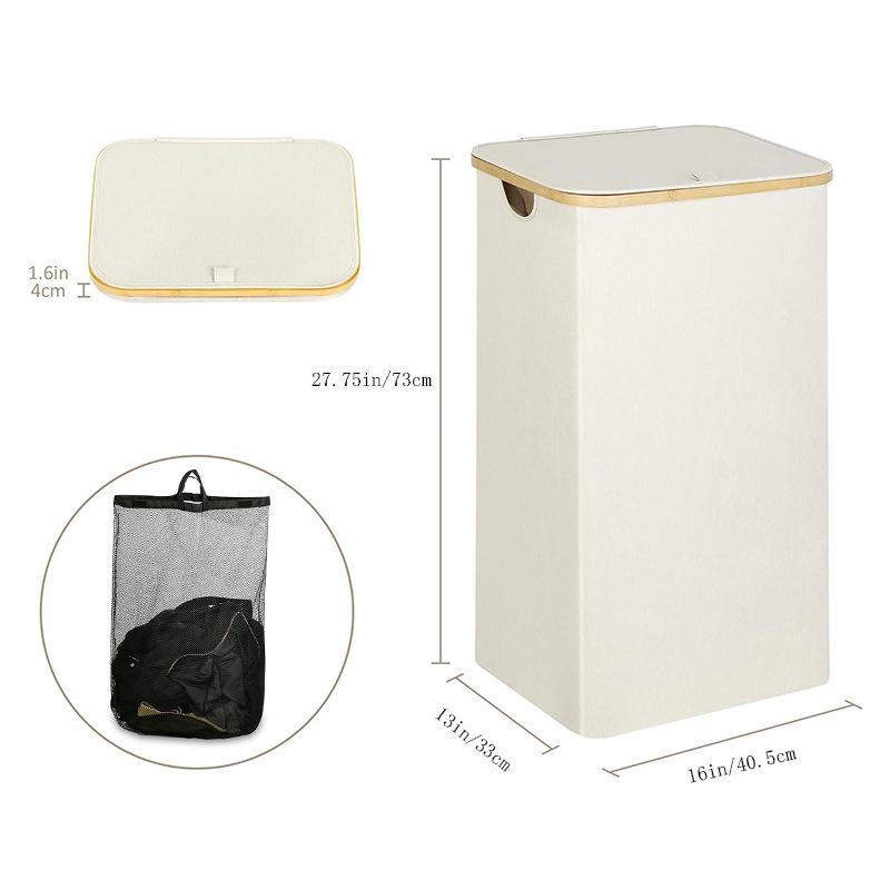 Foldable Bamboo Laundry Basket with Lid and Inner Bag for Bathroom/Bedroom