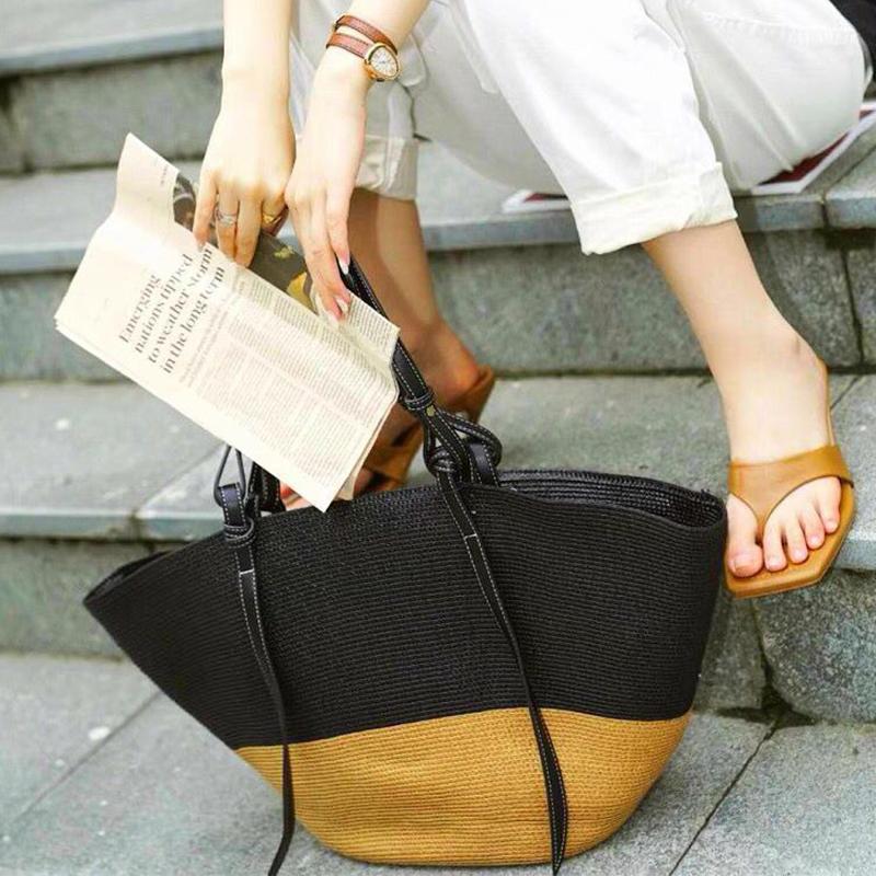 Летняя соломенная сумка-тоут женская большая вместительная сумка с ручкой из ротанга цветная пляжная сумка