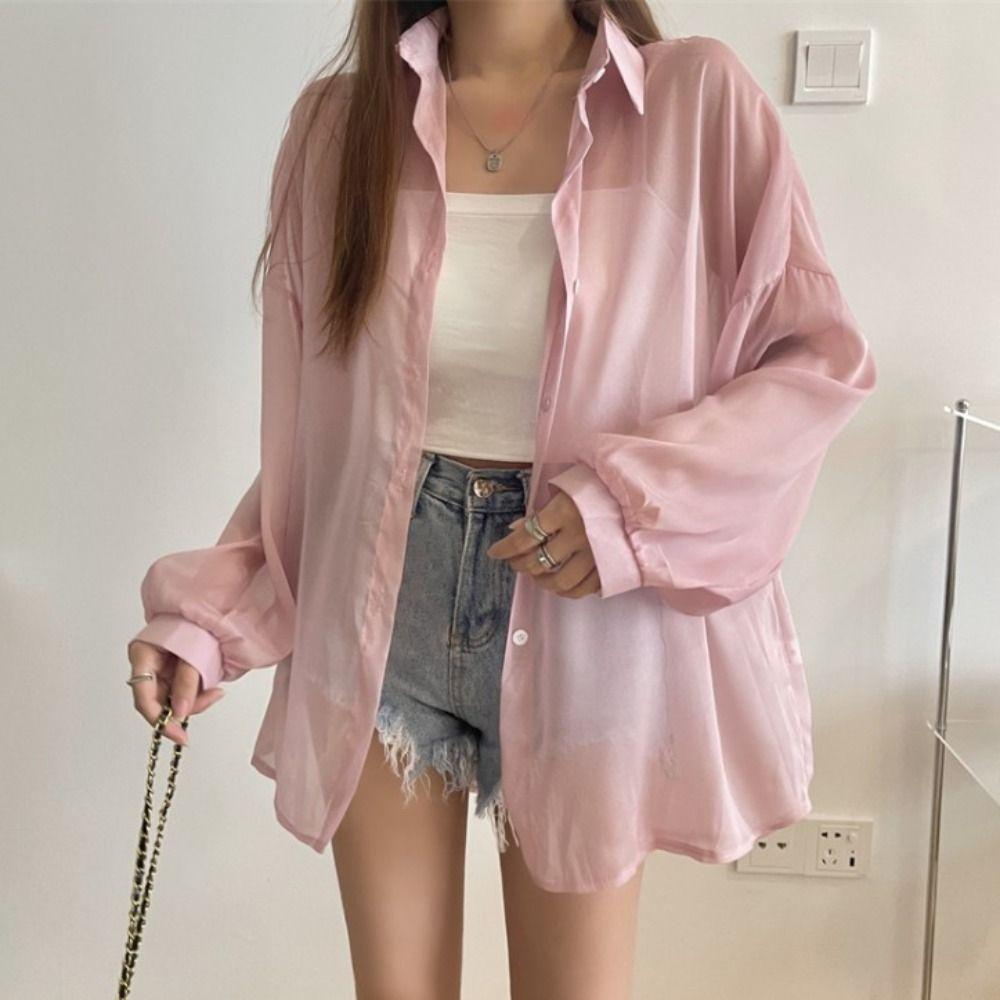 Chiffon Women Shirt Blouse Solid Color Female Loose Cardigan Casual Long Sleeve Top