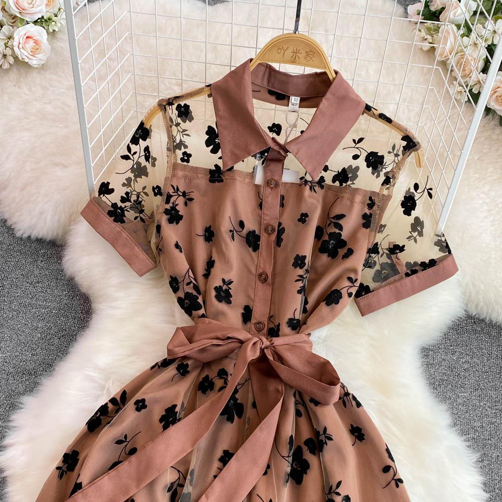 RUGOD Summer Retro Embroidered Waist Slim A-line Dress Elegant Large Swing Long Dress