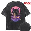Kawaii Pastel Goth Cat Eating Ramen Noodles Cute Creepy Mens Shirts Graphic Tee Comfortable Men's Shirt Retro Washed Tops Tees