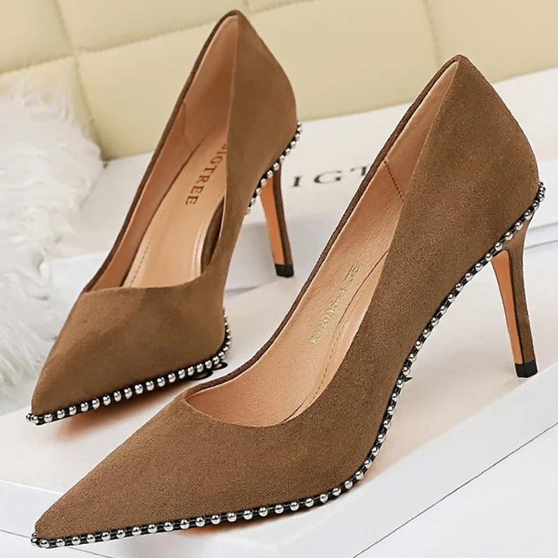 Fashion BIGTREE Shoes Rivet Woman Pumps 2024 New High Heels Stiletto Pu Leather Women Heels Sexy Party Shoes Female Heel Plus Size 43