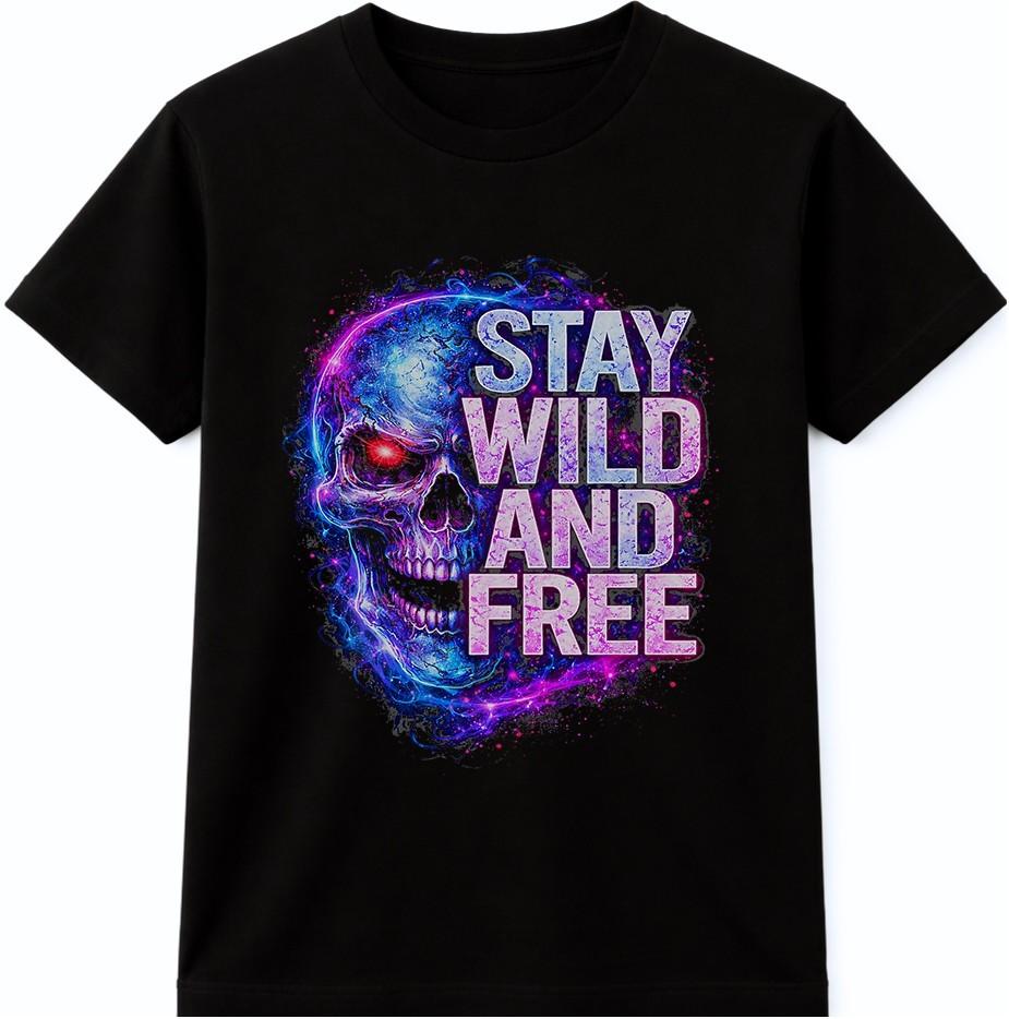 Stay Wild And Free T-Shirt Neon Skull Gothic Biker Colorful Unisexs Graphic Tee