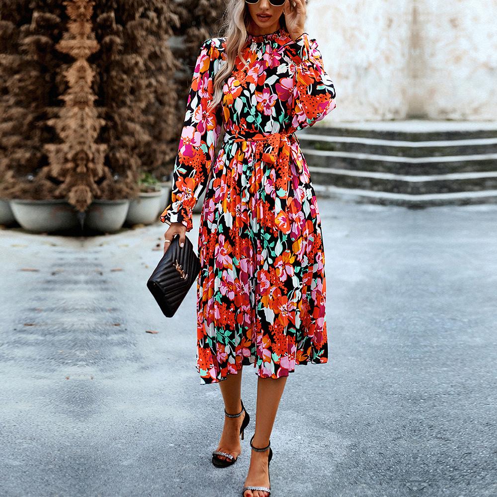 Осенне-зимнее женское плиссированное длинное платье для отдыха с круглым вырезом и длинными рукавами с принтом