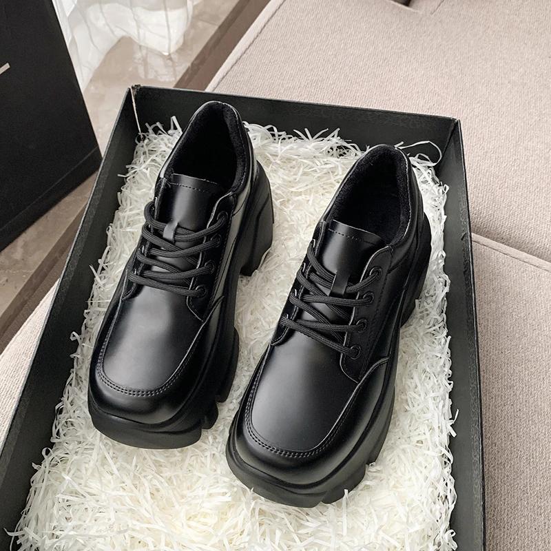 НОВЫЕ весенние и осенние туфли с круглым носком, шнуровкой, яркой кожаной подошвой, водонепроницаемой платформой, черными, на высоком каблуке, одинарные туфли