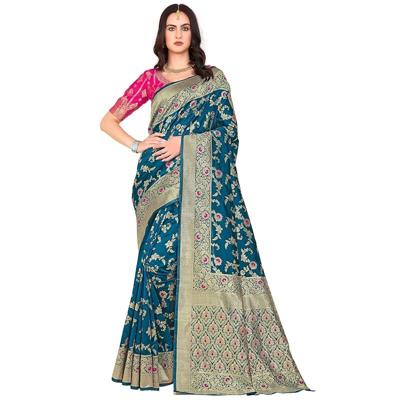 Glory Sarees Женский смесовый банарский шелковый сари (Кара164 Бирюзовый