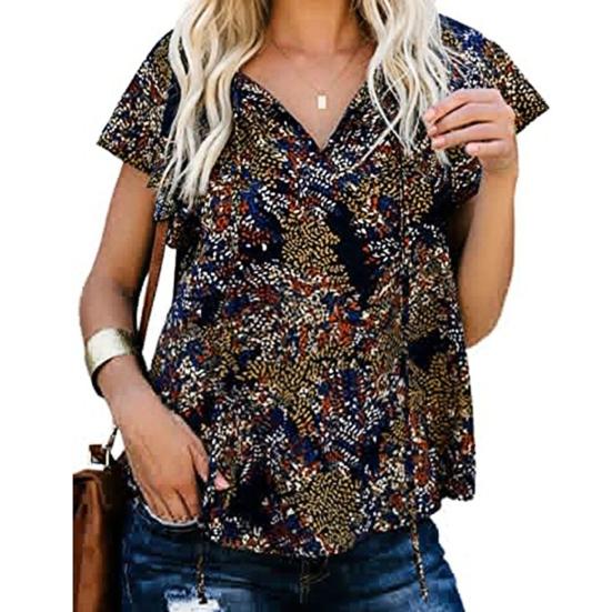 Женская футболка с цветочным принтом и V-образным вырезом с рюшами и коротким рукавом, уличная одежда