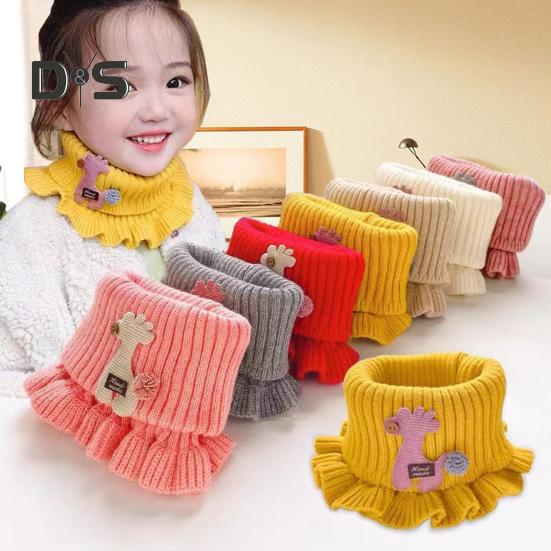 Children Warm Scarf Cartoon Pattern Ruffle Trim Knitted Winter Scarf Thickened Thermal Boys Toddler Elastic Warm Scarf
