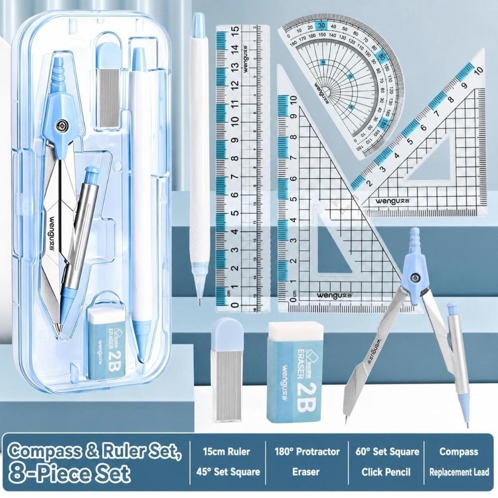 8Pcs Protractor Triangle Ruler Set Students Compass Kit Drafting Compass School Supplies