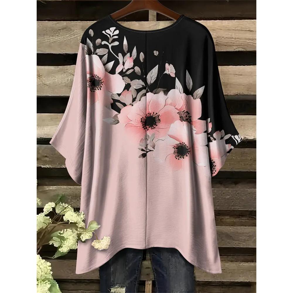 Plus Size Women's Casual T-Shirt - Pink Floral Print with Black Embellishment