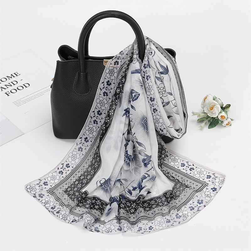Scarves Natural Style Spring and Autumn Printed Flowers and Birds Rectangle Sun Protection Chiffon Scarf