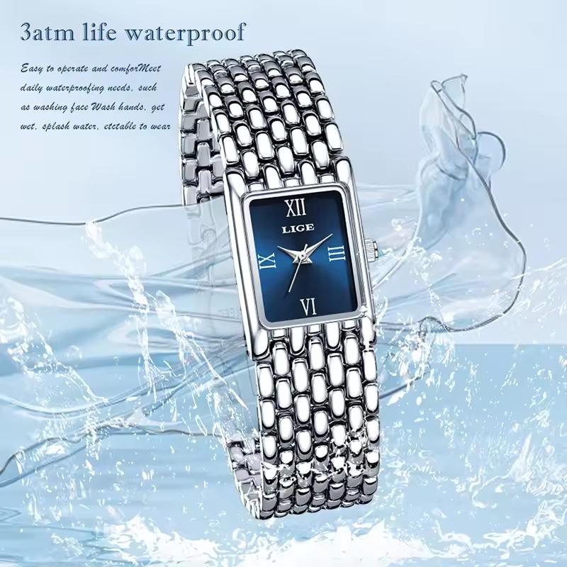 LIGE Silver Women Watch Square Lady Quartz Wristwatches Stainless Steel Roman Dial Gold Watch for Girl Valentine's Day Gift+Box