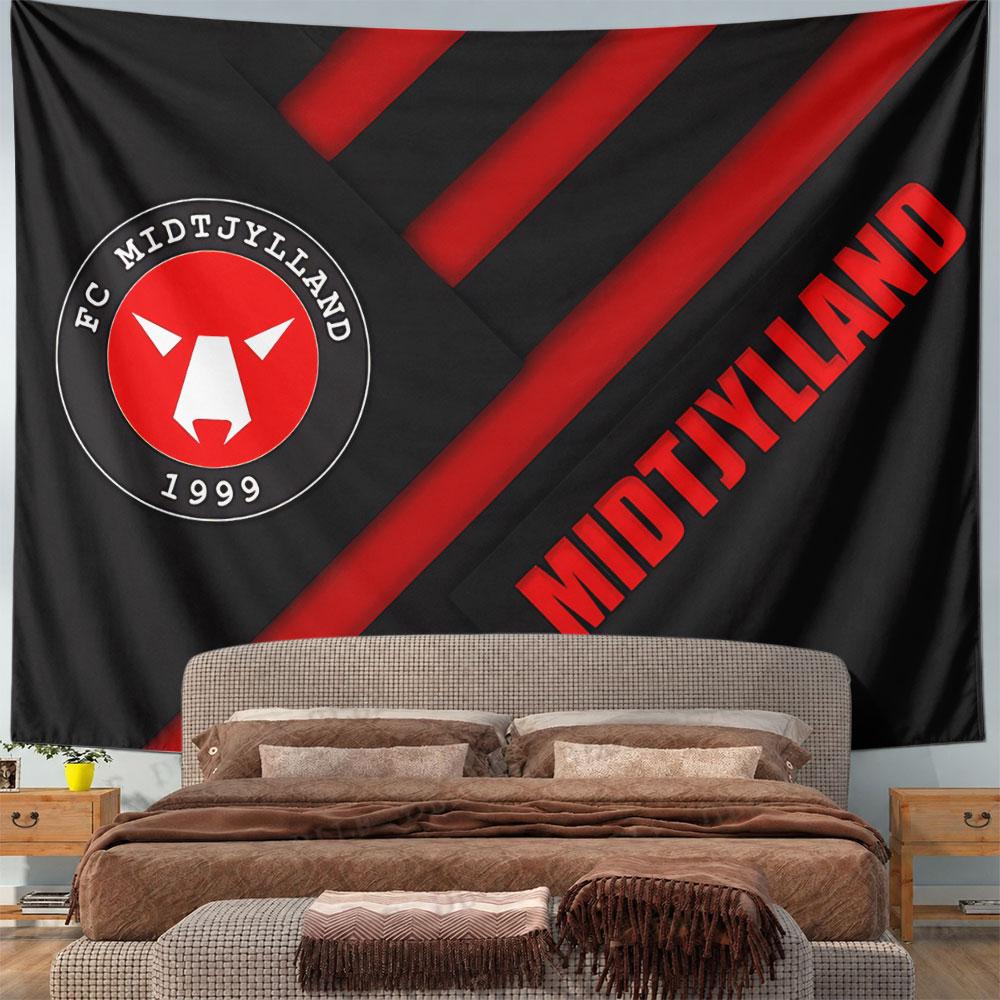 Red and black geometric design featuring FC Midtjylland logo and text. Patterned tapestry for bedroom and living room home decor