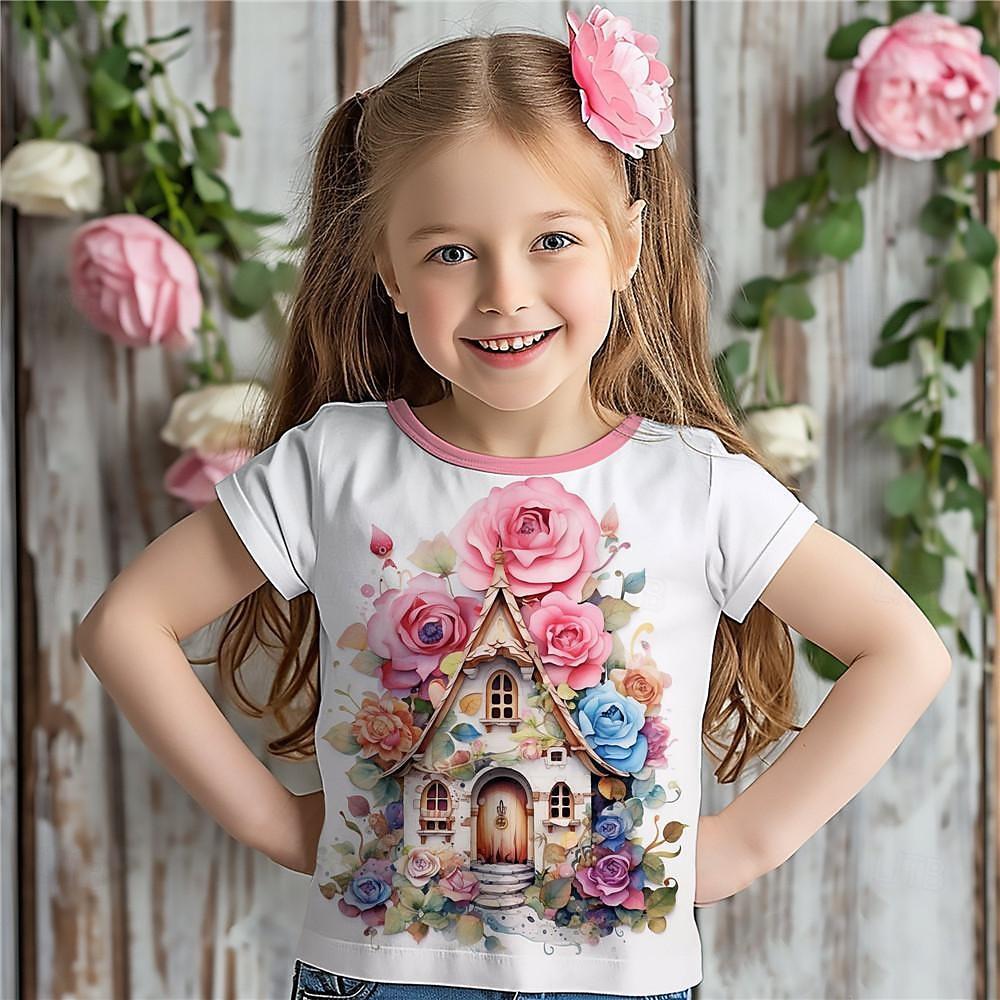 Детская одежда Футболка для девочек с коротким рукавом, милый 3D цветочный принт, детская летняя одежда, повседневная одежда Kawaii с круглым вырезом для девочек, топ