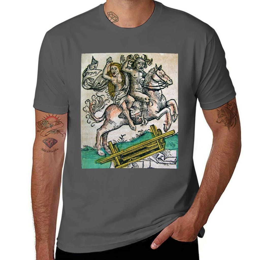 Medieval Devil With Nude Unisex On Horseback Tshirt Christmas Casual Tee Shirt Tshirt