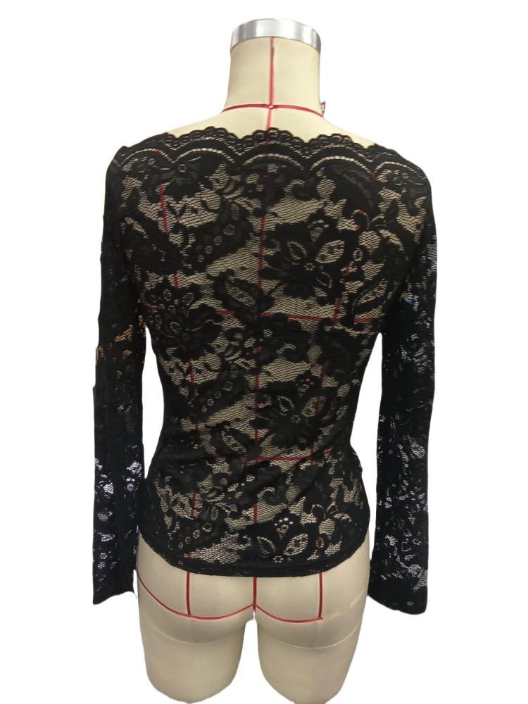 Фестончатый край горловины Однолинейный воротник Без бретелей Однослойное кружево Облегающая футболка Топы с длинным рукавом Универсальная вещь в гардеробе Модные вещи Рубашка