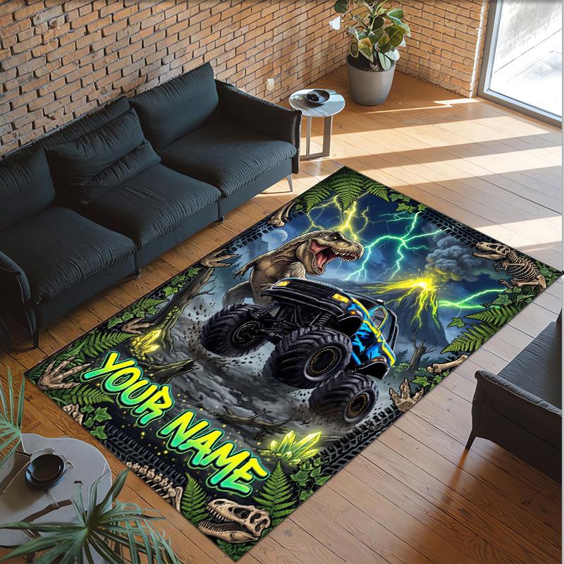 Monster Truck Theme Crystal Velvet Rug Personalized Custom Name Text Soft Floor Mat Home Decor
