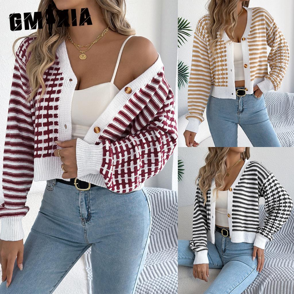 GMXIA Autumn and Winter Color-blocking Striped Lantern Long-sleeved Cardigan Sweater Short Coat Women's Wear
