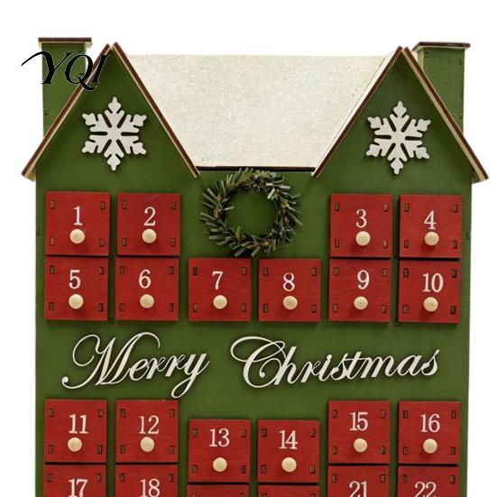 Vintage Style Christmas Decor Wooden House Advent Calendar, with 24 Drawers, Countdown to Gift Box Box, Refillable Xmas Desktop Decoration Decorative