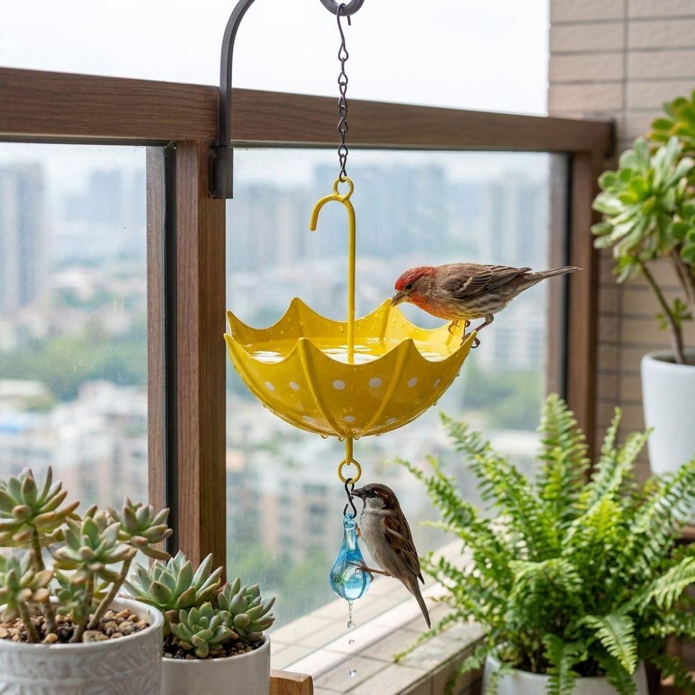 Umbrella-shaped Hanging Bird Feeder Colorful Cast Iron Art Bird Water Bowl Rainwater Collection Rust-Proof Food Dispenser Yard