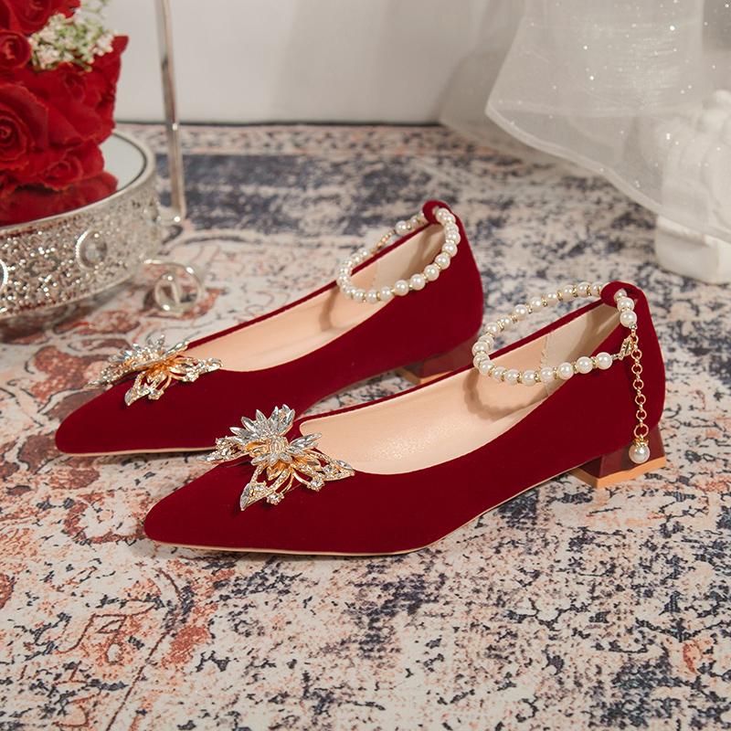 Fashion Women's Coarse Heel Shoes Autumn New Pointed Head Shallow Mouth Suede Butterfly Diamond-resistant Low Top Shoes