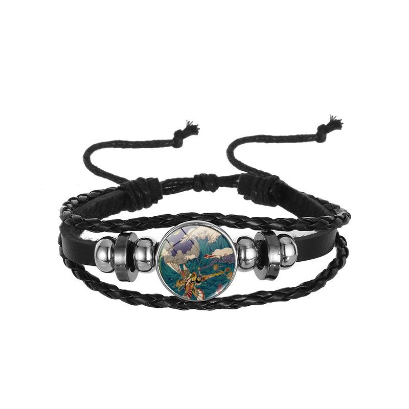 Japanese Wave Leather Bracelet, Ukiyo-e Handwoven Punk Retro Beaded Cord Jewelry