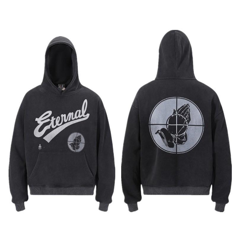 Saint Michael Angel Print Hoodie Men Women American Streetwear Washed Pullover Sweatshirt Casual Loose Fit