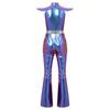 Women Retro 70s Disco Club Jumpsuit Fly Sleeve Front Zipper Gradient Sequined Bodice Bell Bottoms Color-block Unitard for Halloween Party