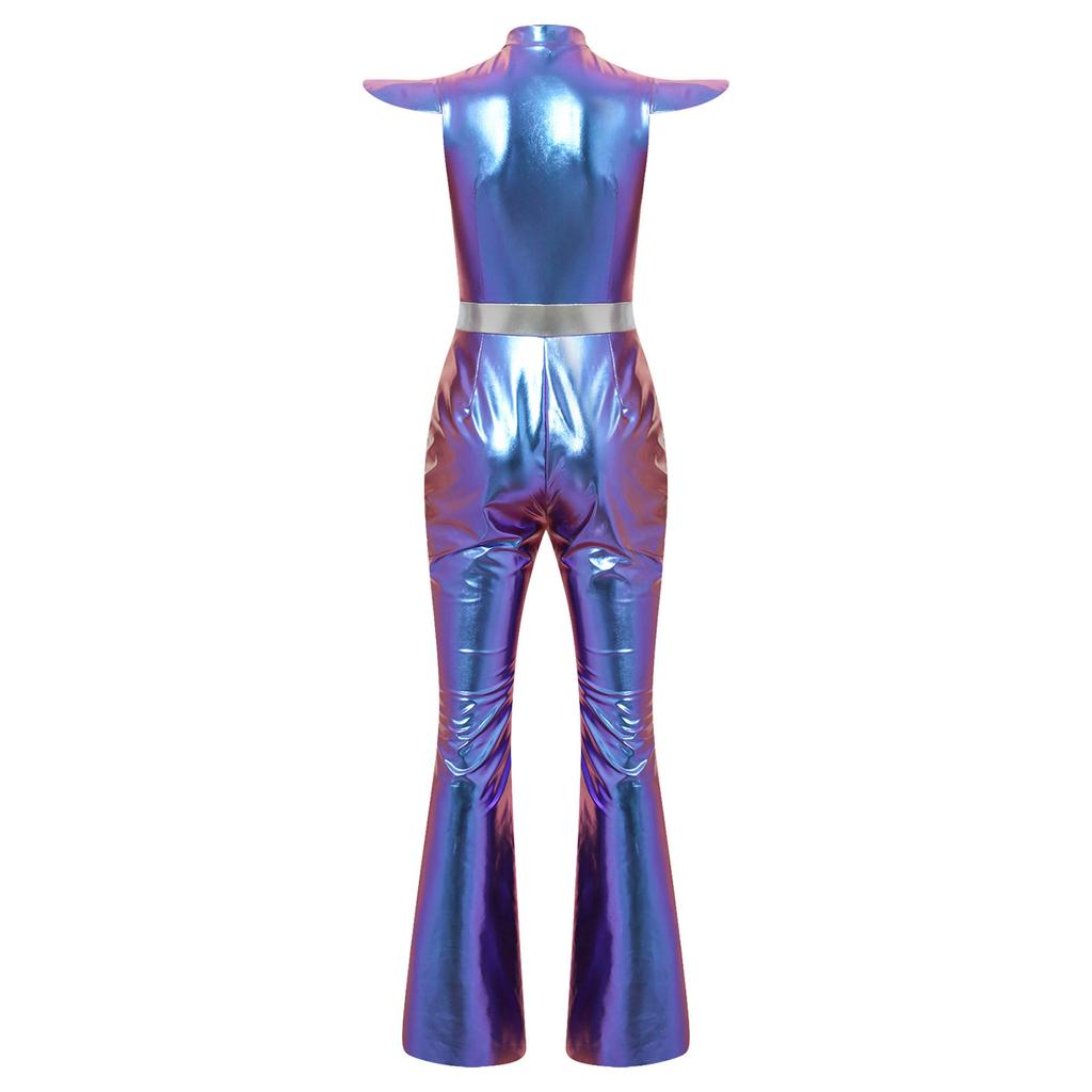 Women Retro 70s Disco Club Jumpsuit Fly Sleeve Front Zipper Gradient Sequined Bodice Bell Bottoms Color-block Unitard for Halloween Party