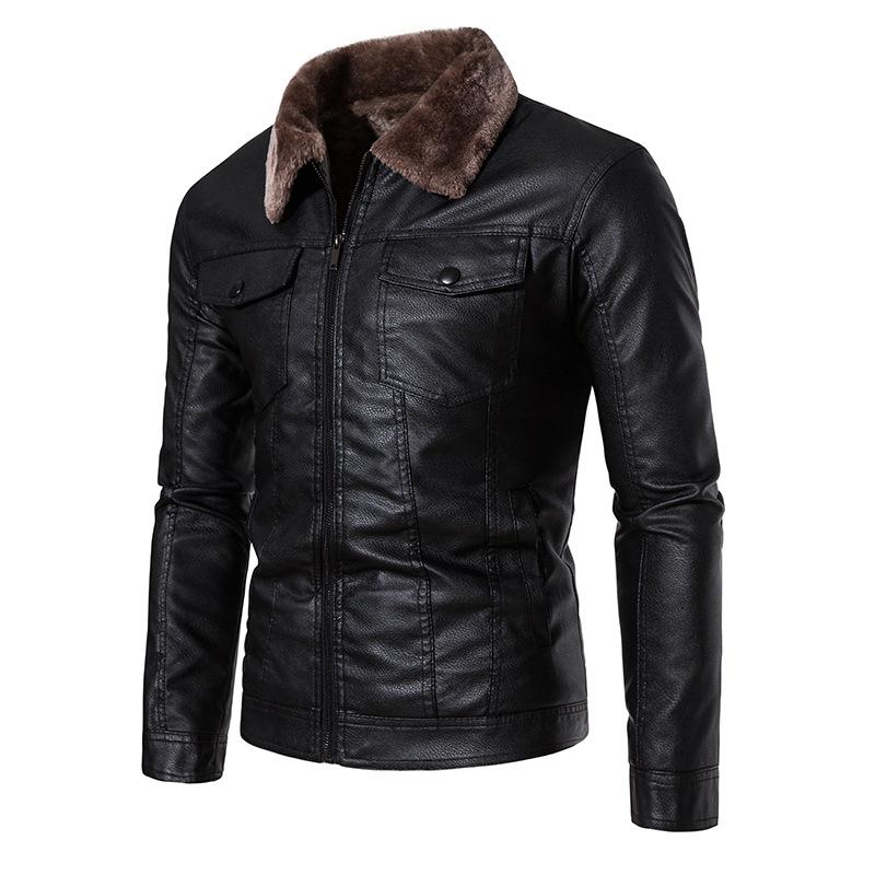 New Leather Jacket Men's Fur Integrated Pu Leather Jacket Motorcycle Lapel Men's Velvet Thickened Leather Jacket Korean Version Slim Fit