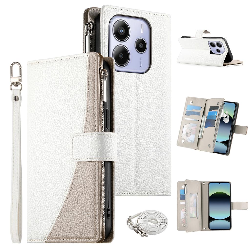 Для Xiaomi Redmi Note 14 4G (164,84мм) Чехол-кошелек на молнии, кожаный откидной чехол для телефона с ремешками, цветная вставка