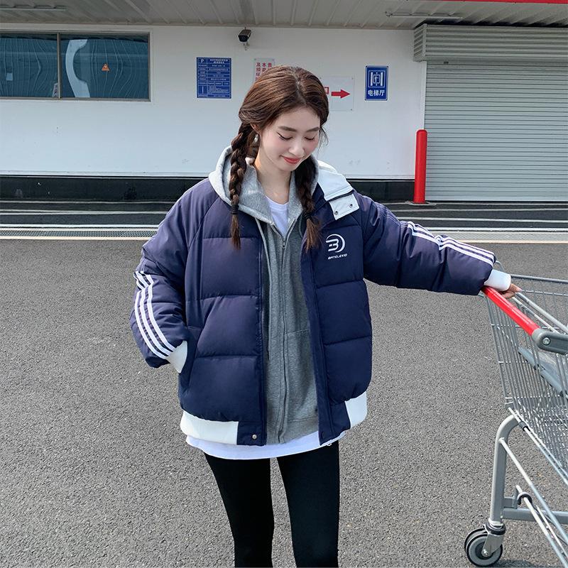 Padded jacket women's new winter student American retro high street striped padded jacket bread jacket thickened padded jacket