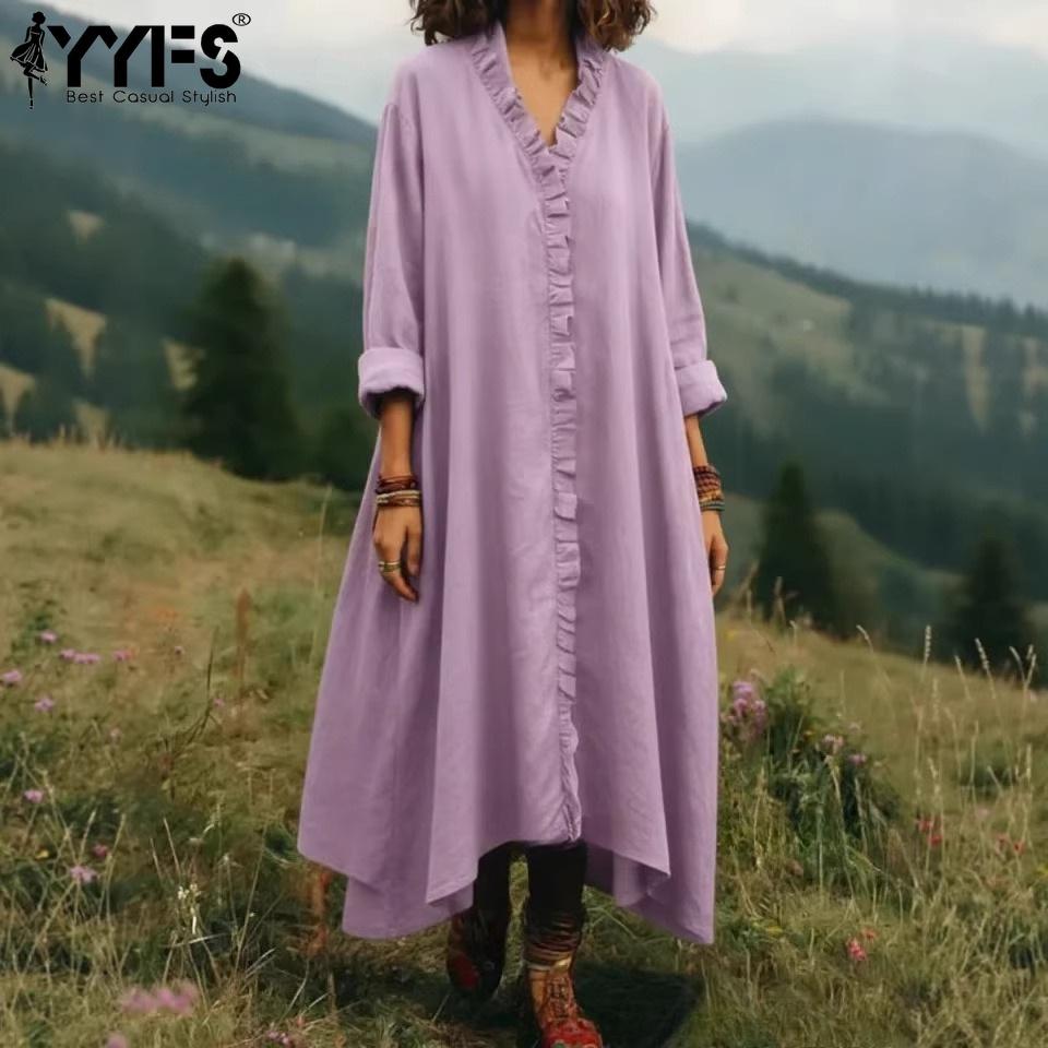 YYFS Женская мода весна осень однотонный принт с длинным рукавом с v-образным вырезом свободная талия повседневные платья