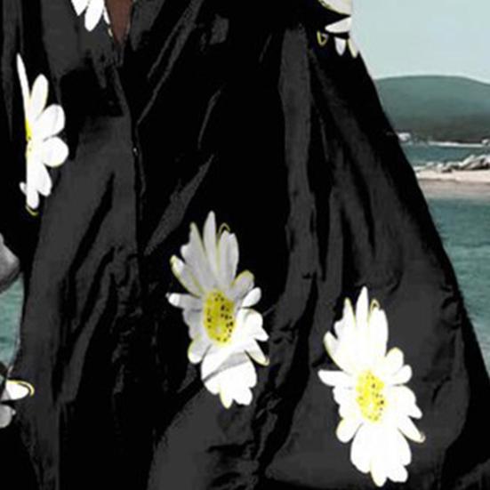 Turn-down Collar Long Sleeve High-Low Hem Holiday Dress Geometry Wave Print Oversized Shirt