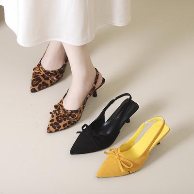 Нишевые туфли на высоком каблуке с леопардовым принтом, босоножки с головкой сумки, обувь феи 2025, новая летняя темпераментная обувь-лодочки с острым носком и бантом