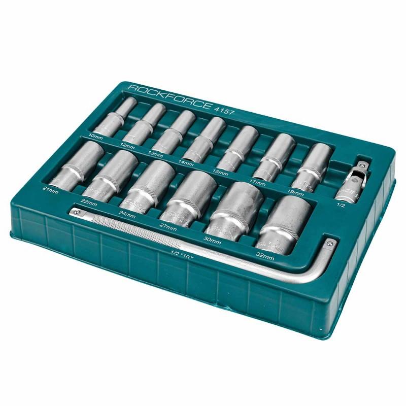 Set of deep sockets, long, deep, 6-sided, 10-32 mm, 15 pcs., knob