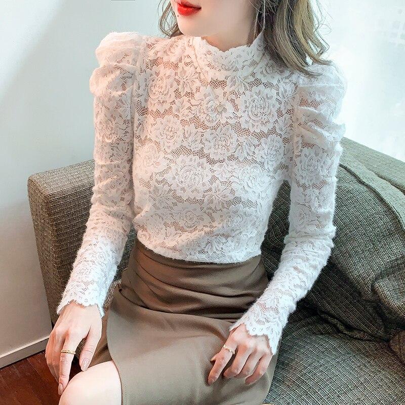 2023 Осенняя кружевная блузка с воротником-стойкой, женская элегантная блузка с длинными рукавами и низом, Mujer, белые женские рубашки 29175