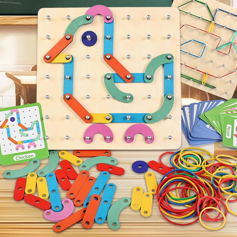 Montessori Kids DIY Puzzle Creative Toy Geometry Graphics Rubber Nail Boards with Cards Math Educational Toys for Children