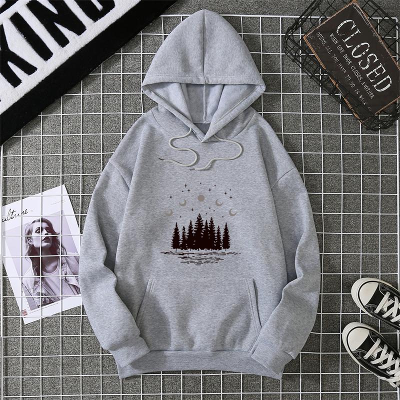 Hooded Dark Forest Print Letter Universe Faith Harajuku Hooded Women Hoodie O-neck Long Sleeve White Tops Female Clothing