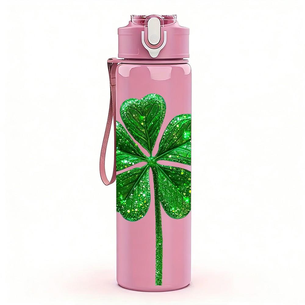 1PC Four Leaf Green Lucky Clover Print 750ml Color Plastic Sports Water Bottle Leakproof Flip Straw Lid Suitable for Sports Office Home Use