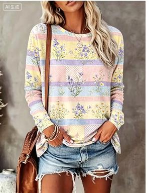 Women Long Sleeve T‑Shirt Pastel Patchwork Hydrangea Floral Print Crew Neck Loose Casual Daily Tops