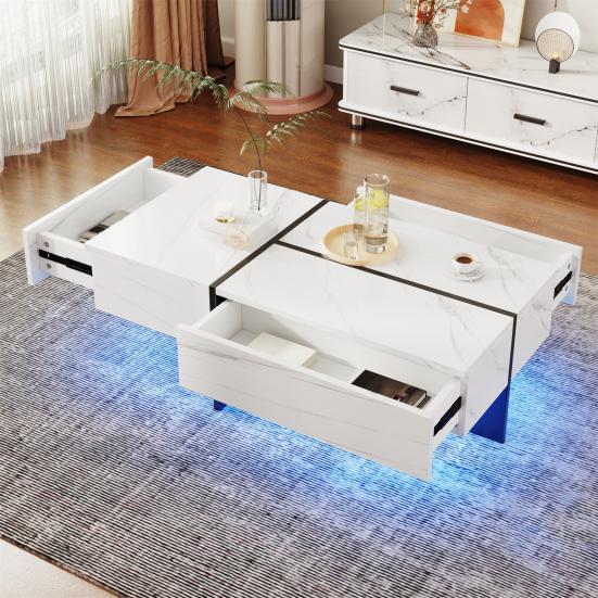 Home High-Gloss Coffee Table Marble Panel with 3 Drawers App Control Colorful Side Light Strip Rectangle Shape LED Tea Furniture