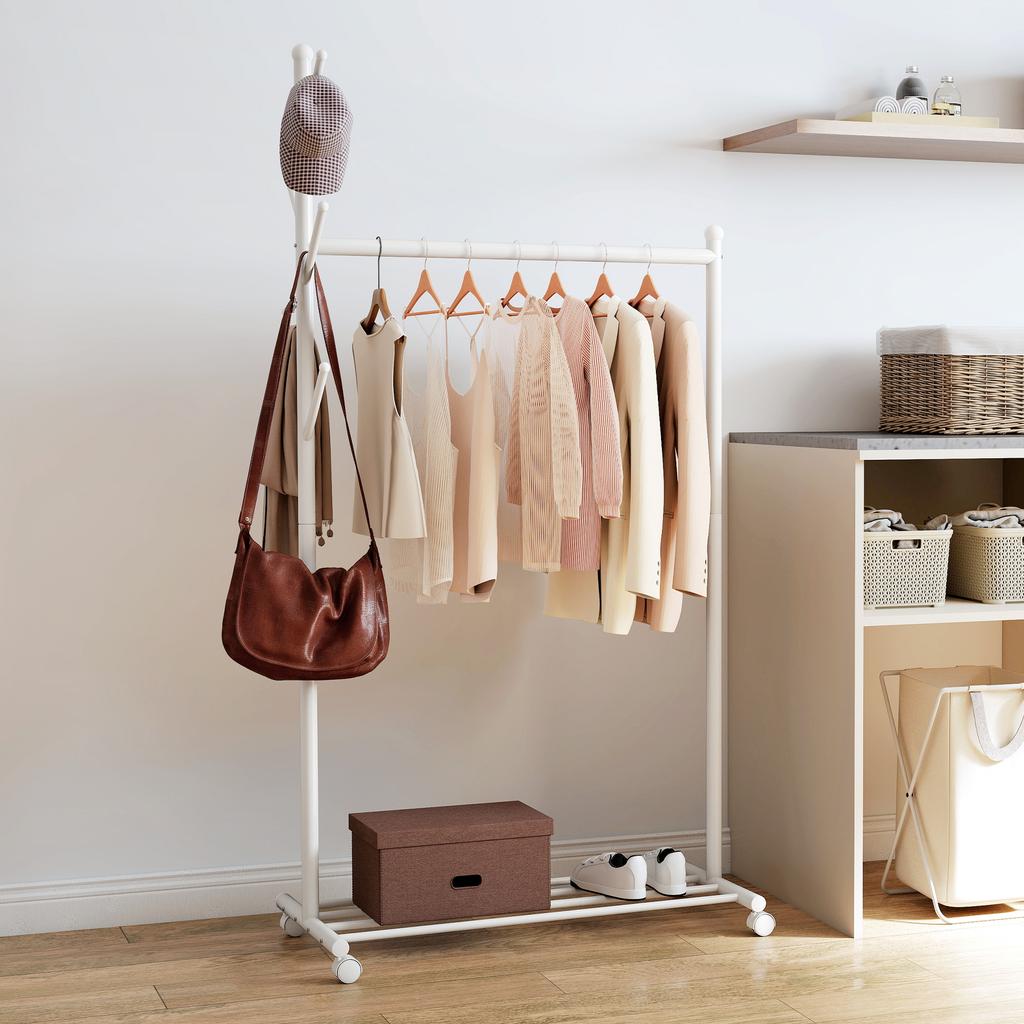 Freestanding Coat Rack with Wheels, 5 Hooks and Shoe Shelf, Metal, 9kg Capacity, White