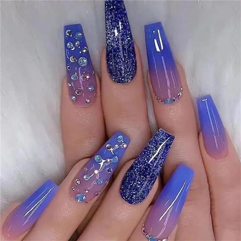 24Pcs Purple Gradient Press On Nails With Silver Sequins Removable Acrylic Fake Nail Tips Finished Manicure Set
