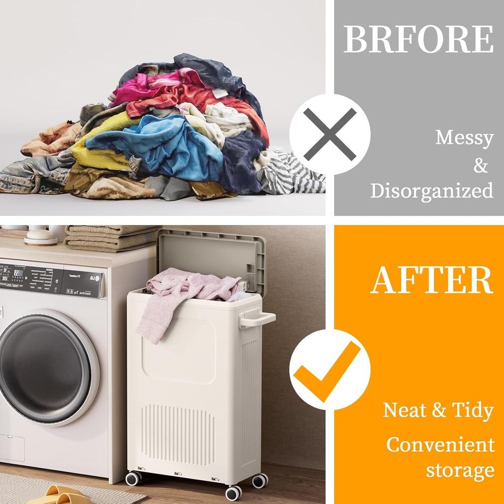 Heavy Duty Laundry Hamper with Lid,Plastic Laundry Basket with Wheel, Dirty Clothes Organizer Bathroom Waterproof Storage Basket