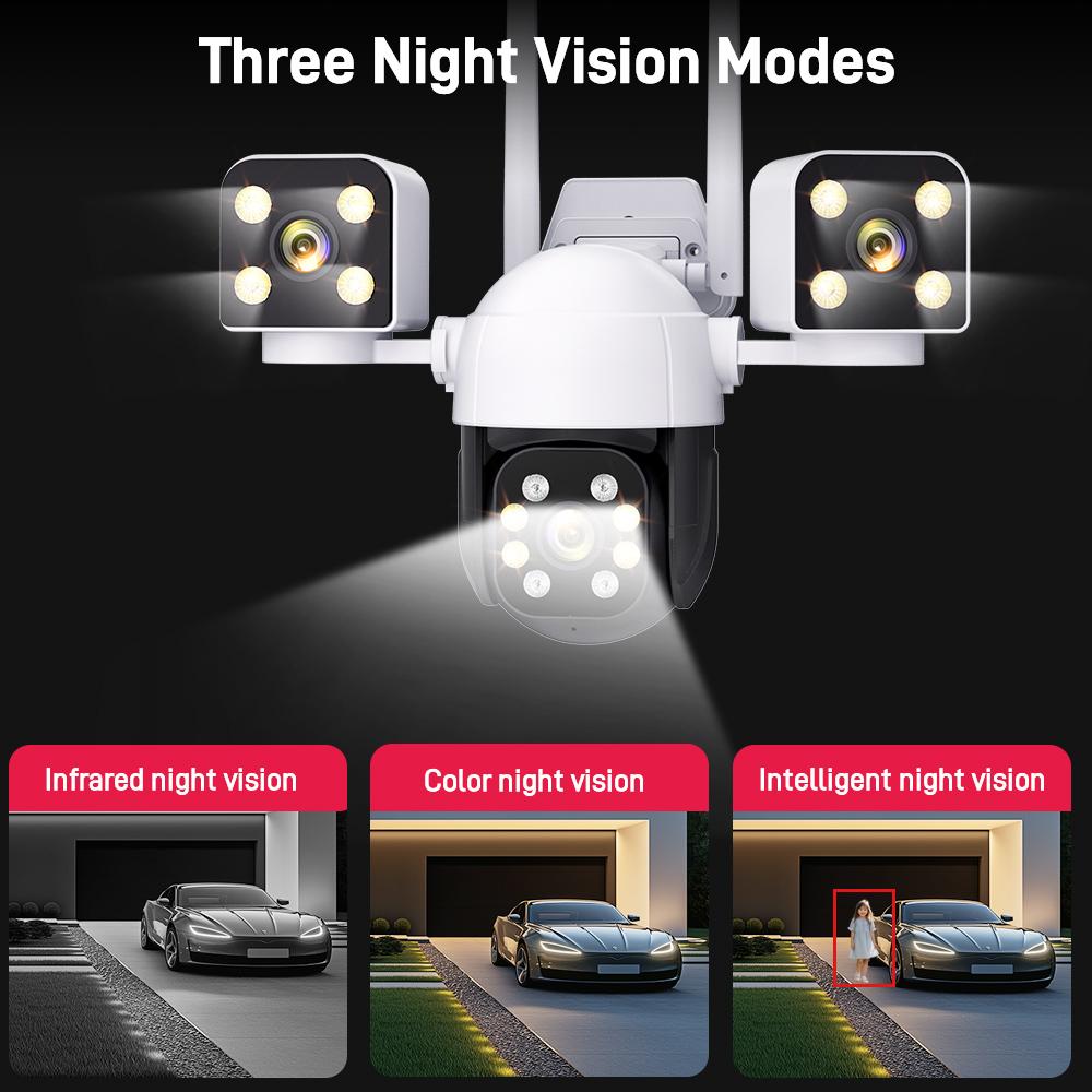 6K 12MP WiFi Surveillance Camera, 3Lens 3 Screens, Digital Zoom, AI Human Detect, ONVIF, 8MP Outdoor Security PTZ IP Cameras