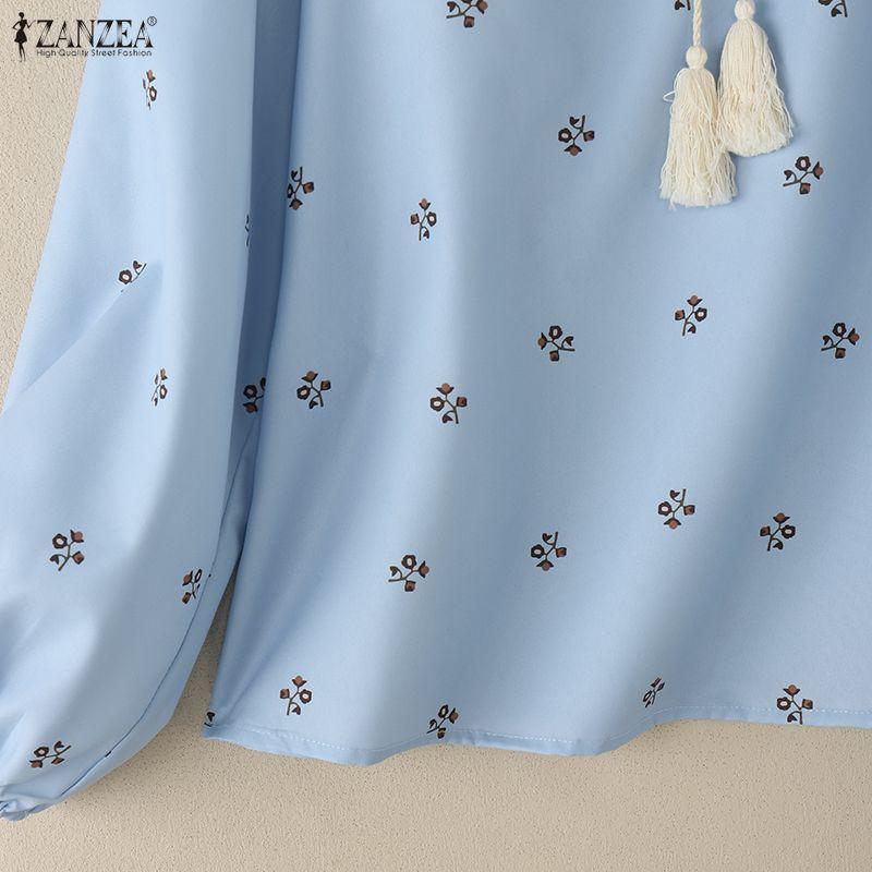 ZANZEA Женская повседневная блузка с круглым вырезом, цветочным принтом и длинными рукавами