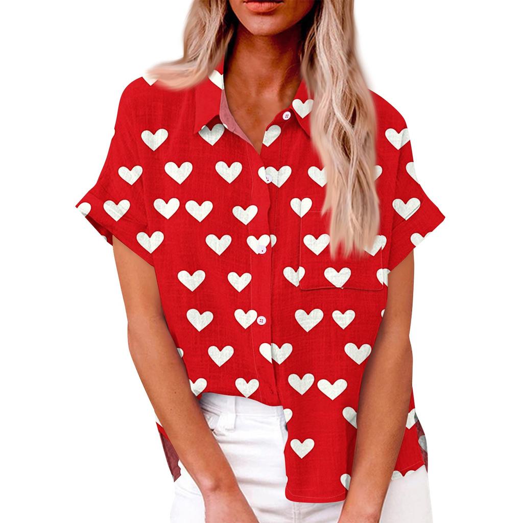 Женская свободная повседневная рубашка с короткими рукавами и отворотом с цифровым принтом и карманом