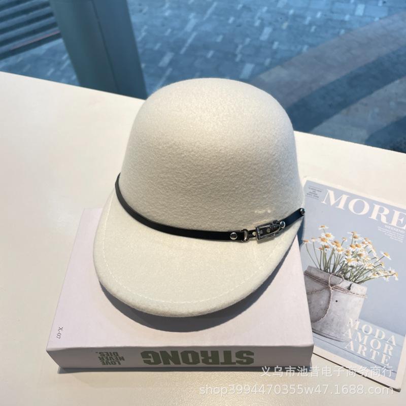 Autumn and winter British retro leather buckle decorative woolen equestrian hat, socialite outdoor temperament age-reducing versatile felt basin hat